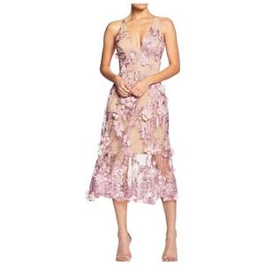 Dress the Population Audrey Floral Midi Floral Overlay Dress Lilac Nude Medium